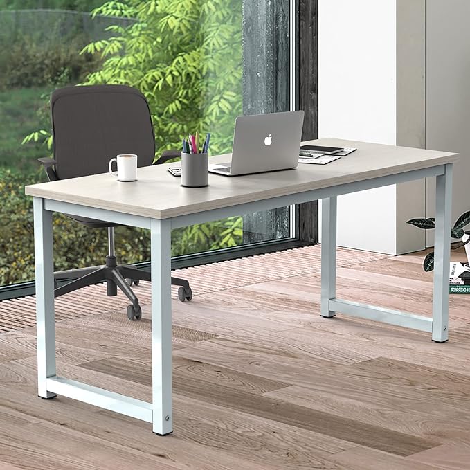 NSdirect Large Office Desk for Home Office, Large 63" Computer Desk Table, Wide Writing Study Desk for 2 Person, Metal Sturdy Frame Thicker Steel Legs, (White Oak, 63"L x 23.6"W x 29.5"H) - LeafyLoom