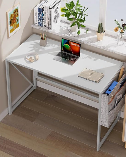 Folding Desk, Small Foldable Desk 39.4 Inch for Small Space, Computer Table Home Office Writing Desk with Storage Bag Headphone Hook, Easy Assembly, White - LeafyLoom