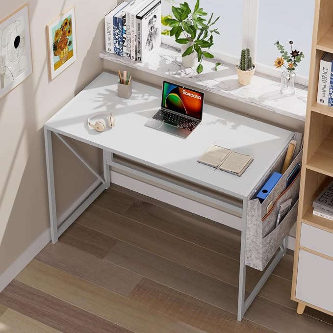Folding Desk, Small Foldable Desk 39.4 Inch for Small Space, Computer Table Home Office Writing Desk with Storage Bag Headphone Hook, Easy Assembly, White - LeafyLoom