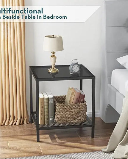 SAYGOER Black Side Table Small Glass End Table 2-Tier Narrow Square Bed Side Table Sofa Small Leisure Table with Black Metal Frane for Living Room Bedroom Balcony Patio, Black Glass - LeafyLoom
