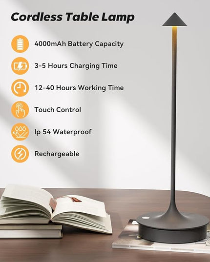 Set of 2 Cordless Table Lamp Rechargeable, Battery Operated Desk Lamp, 4000mAh LED Touch Lamp, Dimmable Portable Outdoor Waterproof Wireless Table Light for Restaurants/Bars/Outdoor(Gray) - LeafyLoom