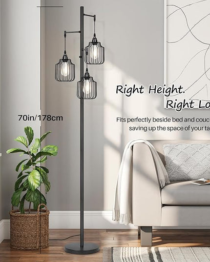 Dimmable Floor Lamp with 3 x 800LM LED Edison Bulbs,Tall Standing Lamp for Living Room,Farmhouse Black Corner Floor Lamp,Bright Industrial Rustic Vintage Tree Pole Light with Cage for Bedroom Office - LeafyLoom