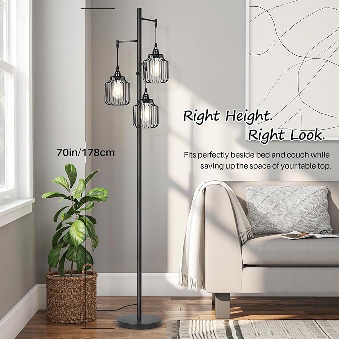 Dimmable Floor Lamp with 3 x 800LM LED Edison Bulbs,Tall Standing Lamp for Living Room,Farmhouse Black Corner Floor Lamp,Bright Industrial Rustic Vintage Tree Pole Light with Cage for Bedroom Office - LeafyLoom