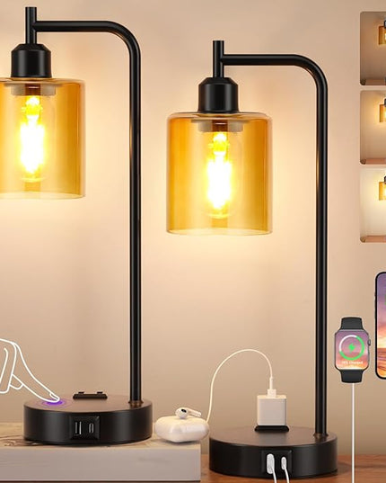 Industrial Touch Nightstand Lamps for Bedrooms Set of 2 - 3-Way Dimmable Table Lamps with USB C+A Ports and Outlet, Bedside Lamps with Amber Glass Shade for Living Room, Desk Lamps for Home Office - LeafyLoom