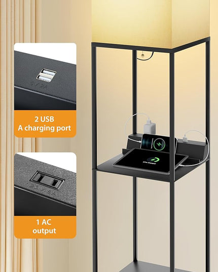 Evajoy Floor Lamp with Shelves, Smart RGB Floor Lamps Work with Alexa, with 2 USB Ports & 1 AC Output, Modern 4-Tier Lamp for Display Storage,Black - LeafyLoom