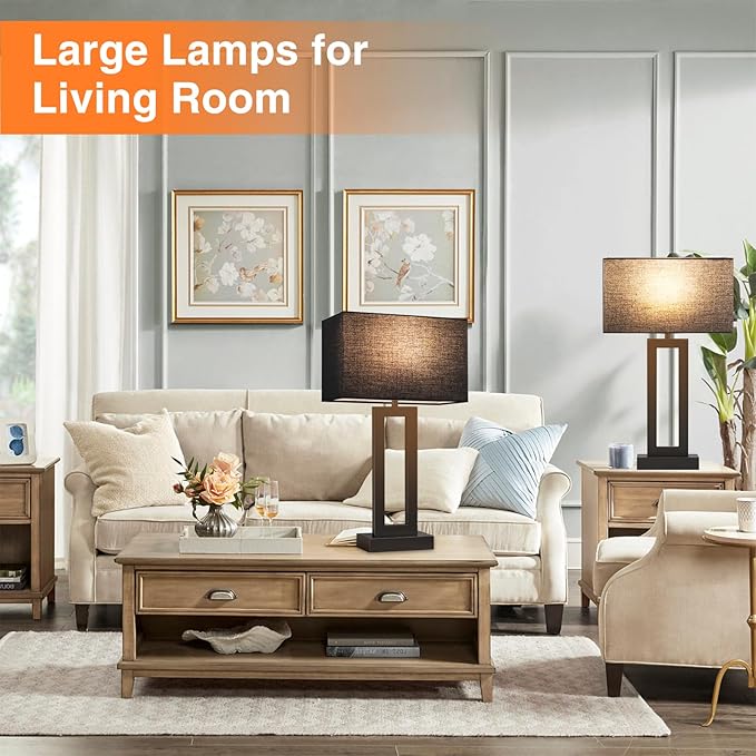 22" Tall Living Room Lamps for Night Stands - Touch Bedside Lamp with USB C+A, 3 Way Dimmable bedroom Lamps for End Tables Set of 2, Modern Night Stand Lamps for Bed Side(Black&Black) - LeafyLoom
