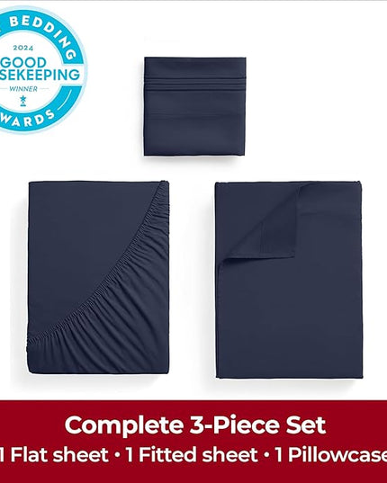 Mellanni Extra Deep Twin Sheets - 3 PC Iconic Collection Bedding Sheets & Pillowcases - Hotel Luxury, Ultra Soft, Cooling Bed Sheets - Extra Deep Pocket up to 21 inch (Twin, Navy Blue) - LeafyLoom