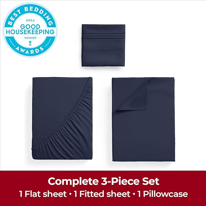 Mellanni Extra Deep Twin Sheets - 3 PC Iconic Collection Bedding Sheets & Pillowcases - Hotel Luxury, Ultra Soft, Cooling Bed Sheets - Extra Deep Pocket up to 21 inch (Twin, Navy Blue) - LeafyLoom