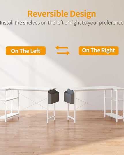 CubiCubi 55 Inch L Shaped Computer Desk with Storage Shelves, Home Office Corner Desk Study Writing Table, White - LeafyLoom