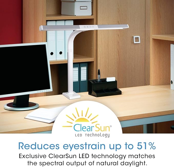 OttLite Perform LED Clamp Lamp for Desks with ClearSun LED Technology - Extra Wide Overhead Lighting with 3 Color Temperatures - Sturdy Clamp Mounts to Tables for Home, Office, Dorms & Workbench - LeafyLoom