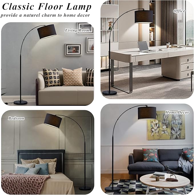Arc floor lamps for living room, Dimmable Floor Lamp with Adjustable Head, Black Finish Modern Floor Lamp, Over Couch Tall Standing Hanging Light for Reading, Bedroom, Office, 8W LED Bulb Include - LeafyLoom