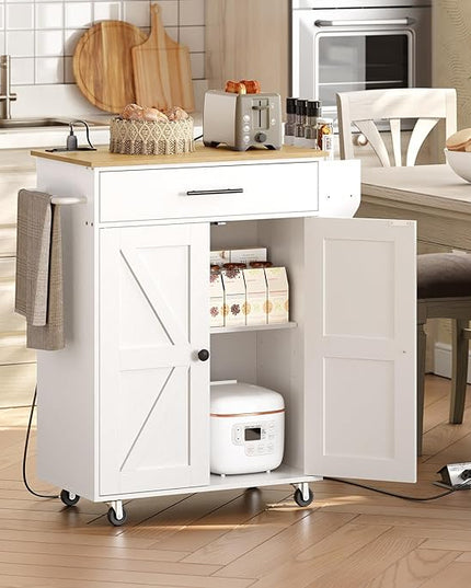 HOOBRO Kitchen Island with Power Outlet, Kitchen Storage Island with Large Worktop, Spice Rack and Drawer, Rolling Kitchen Cart on Wheels, for Kitchen and Dining Room, White and Natural WN88UZD01 - LeafyLoom