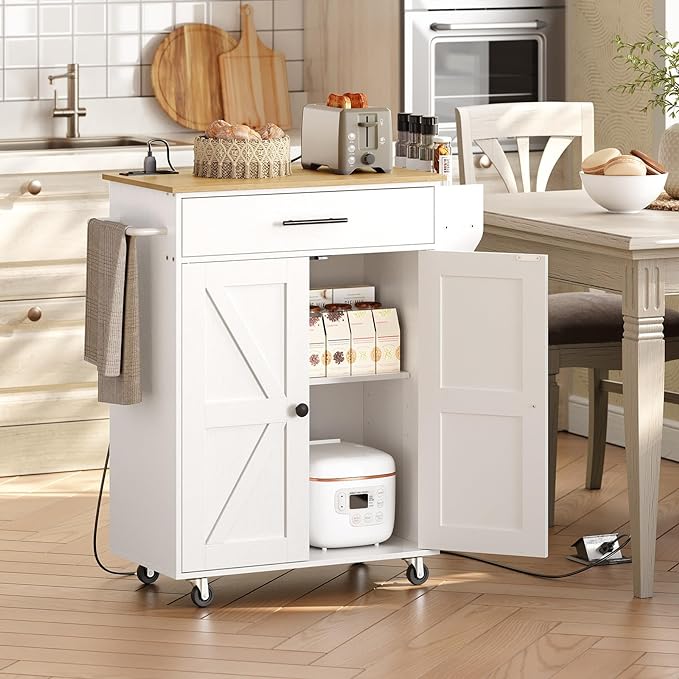 HOOBRO Kitchen Island with Power Outlet, Kitchen Storage Island with Large Worktop, Spice Rack and Drawer, Rolling Kitchen Cart on Wheels, for Kitchen and Dining Room, White and Natural WN88UZD01 - LeafyLoom