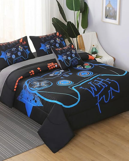 6Pcs Game Console Comforter Set with Sheets for Boys Girls Kids Teens, Geometric Gaming Themed Bed in A Bag Full Size, 3D Video Gamer Controller Bedroom Decor Bedding Set(Blue) - LeafyLoom