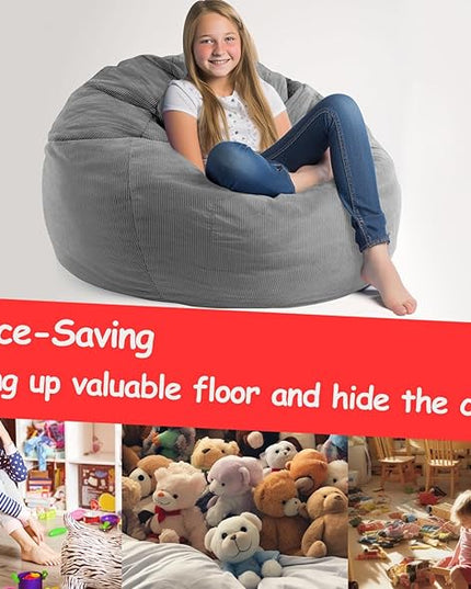 Premium Corduroy Stuffed Animal Storage Bean Bag Chair Cover (No Filler) for Organizing Plush Toys Or Textile Stuffable Bean Bag Sack for Adults Teens Children Lazy Chair Playroom Washable Cover - LeafyLoom