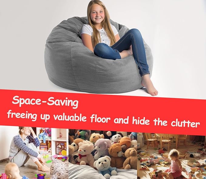 Stuffed Animal Storage Bean Bag Chair Corduroy Toy Cover Organize Plush Toys and Textiles Perfect Ultra Soft Sack Bean Bag for Kids and Teens (No Filler) Gray - LeafyLoom