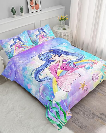 Datura home Kids Mermaid Comforter Set for Girls Women,Cute Mermaid Girl and Rainbow Shell Starfish Printed Pattern Blue Kawaii Bedding Set with 2 Pillowcases(Mermaid Girl Queen) - LeafyLoom