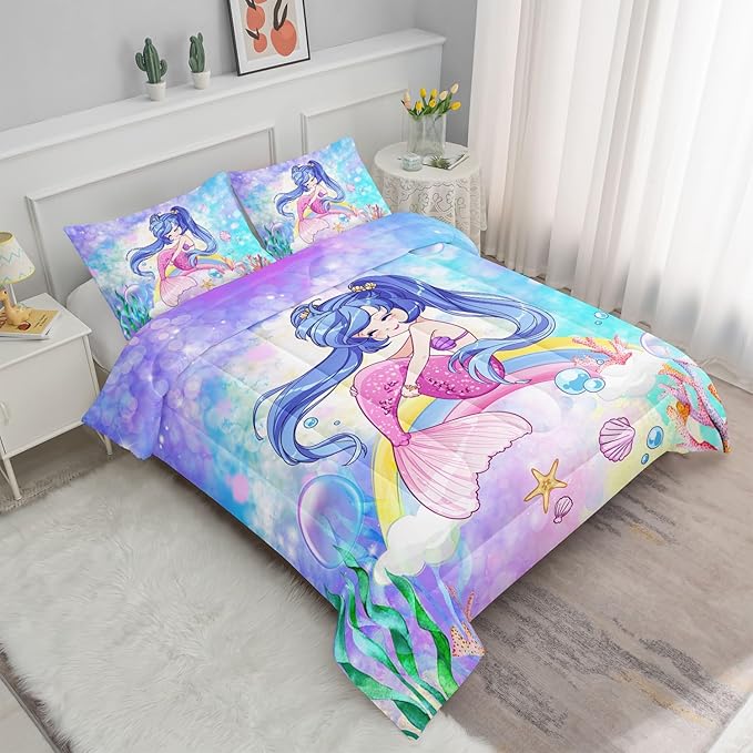 Datura home Kids Mermaid Comforter Set for Girls Women,Cute Mermaid Girl and Rainbow Shell Starfish Printed Pattern Blue Kawaii Bedding Set with 2 Pillowcases(Mermaid Girl Twin) - LeafyLoom