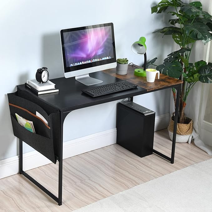47 inch Study Storage Bag Space Saving for Home Office, Modern Simple Style PC Metal Frame Computer Desk, Writing Table, Black, Brown - LeafyLoom