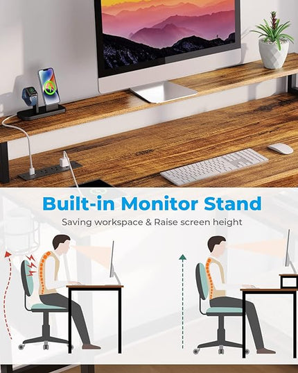GreenForest Computer Desk with USB Charging Port and Power Outlet, Reversible Home Office Desk with Monitor Stand and Storage Shelves, 40 inch Work Desk with Cup Holder and Hook, Walnut - LeafyLoom