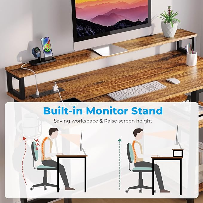 GreenForest Computer Desk with USB Charging Port and Power Outlet, Reversible Home Office Desk with Monitor Stand and Storage Shelves, 40 inch Work Desk with Cup Holder and Hook, Walnut - LeafyLoom