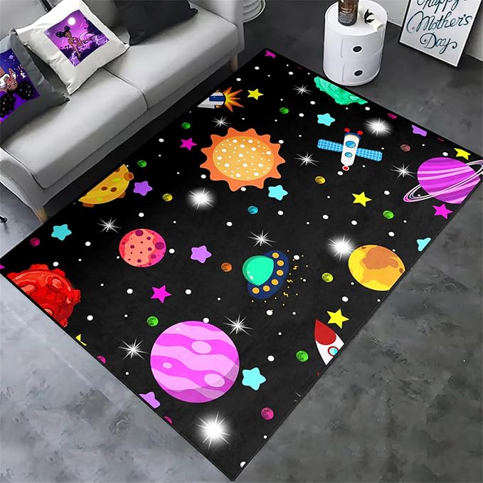 Space Rug - Space Rug for Boys Room Solar System Rug Planet Carpet for Kids Outer Space Area Rug Bedroom Boys Kids Rugs for Playroom Galaxy Rugs for Boys Bedroom,Black,4'×5' - LeafyLoom