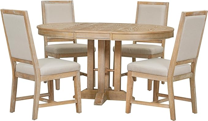 Extendable Round Upholstered, X-Shape Base, Modern Small Kitchen Chairs Room Home Furniture Breakfast Nook, Dining Table Set for 4-6, Natural - LeafyLoom