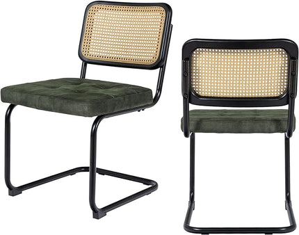 Mid Century Modern Dining Chairs Set of 2, Rattan Cantilever Kitchen Chairs, Dining Room Chairs Old Green Upholstered, Solid Wood Cane Back, Black Stainless Chrome Base Heavy Duty - LeafyLoom