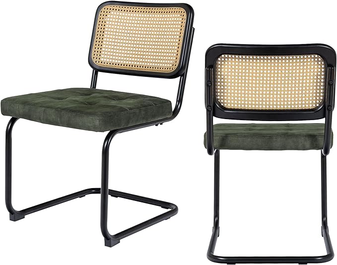 Mid Century Modern Dining Chairs Set of 2, Rattan Cantilever Kitchen Chairs, Dining Room Chairs Old Green Upholstered, Solid Wood Cane Back, Black Stainless Chrome Base Heavy Duty - LeafyLoom