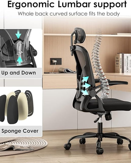 Farini Ergonomic Office Chair, Home Office Desk Chair with Headrest, High Back Computer Chair with Flip-up Armrests and Adjustable Lumbar Support.for Home Office Study Room Bedroom, Black. - LeafyLoom