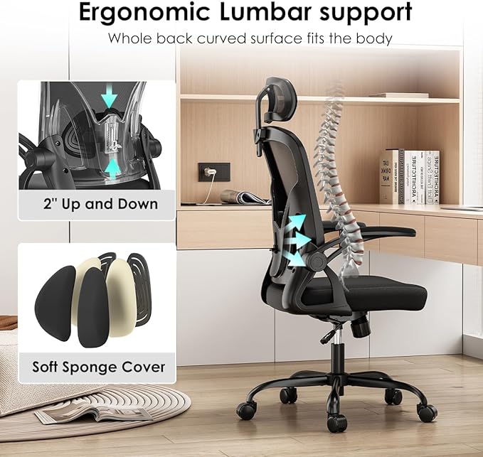 Farini Ergonomic Office Chair, Home Office Desk Chair with Headrest, High Back Computer Chair with Flip-up Armrests and Adjustable Lumbar Support.for Home Office Study Room Bedroom, Black. - LeafyLoom