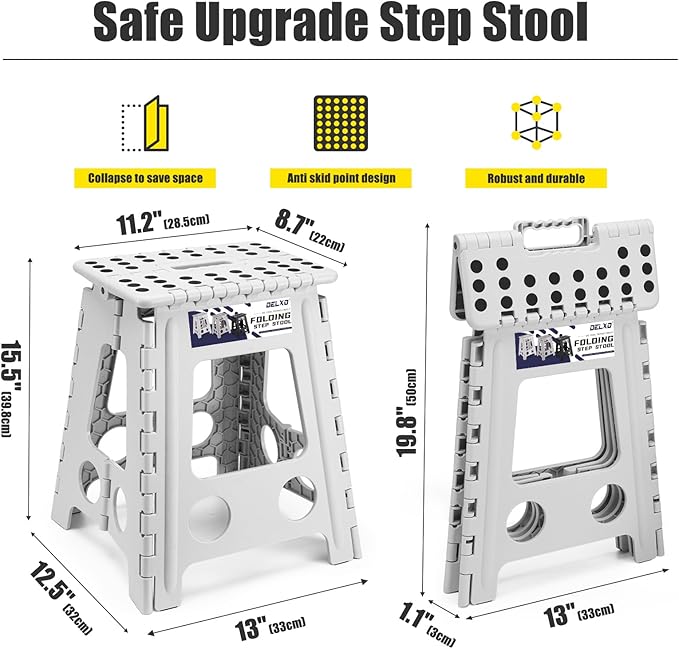 Delxo 16 Inch Folding Step Stool, Heavy Duty Foldable Stool for Adults,Premium Portable Collapsible Plastic Step Stool,Non Slip Folding Stools for Kitchen Bathroom Bedroom Up to 400LBS,(Grey 1PC) - LeafyLoom