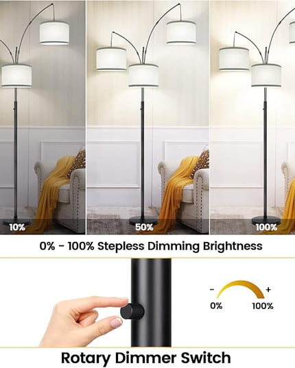 Dimmable Floor Lamp - 3 Lights Arc Floor Lamps for Living Room, 1000LM Modern Tall Standing Lamp With Gray Shades & Heavy Base, Mid Century Tree Floor Lamp for Bedroom Office, 3 LED Bulbs Included - LeafyLoom