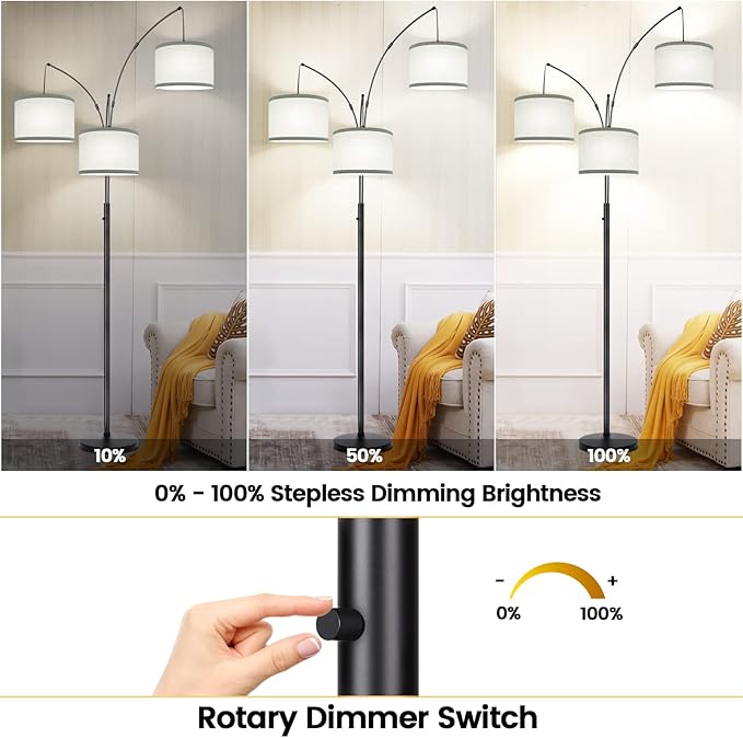 Dimmable Floor Lamp - 3 Lights Arc Floor Lamps for Living Room, 1000LM Modern Tall Standing Lamp With Gray Shades & Heavy Base, Mid Century Tree Floor Lamp for Bedroom Office, 3 LED Bulbs Included - LeafyLoom