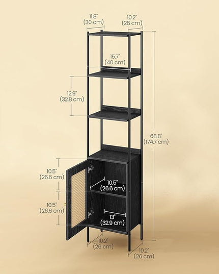 VASAGLE 6-Tier Bookcase, Bookshelf with Rattan-Like Door, Boho Style, Freestanding 15.7-Inch Wide Storage Shelf, Metal Frame, Adjustable Shelf, for Living Room, Ebony Black and Matte Black ULLS122B56 - LeafyLoom