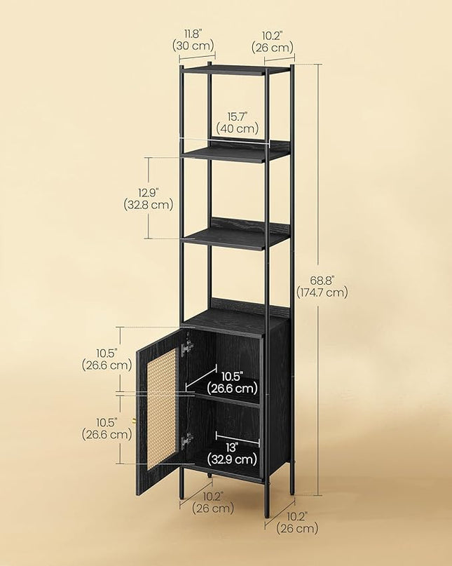 VASAGLE 6-Tier Bookcase, Bookshelf with Rattan-Like Door, Boho Style, Freestanding 15.7-Inch Wide Storage Shelf, Metal Frame, Adjustable Shelf, for Living Room, Ebony Black and Matte Black ULLS122B56 - LeafyLoom