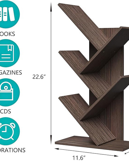 5 Tier Small Tree Bookshelf Desk Book Organizer Narrow Bookcases for Books Magazines CDs Free Standing Retro Wooden Storage Shelves for Home Office Bedroom Living Room Dark Walnut - LeafyLoom