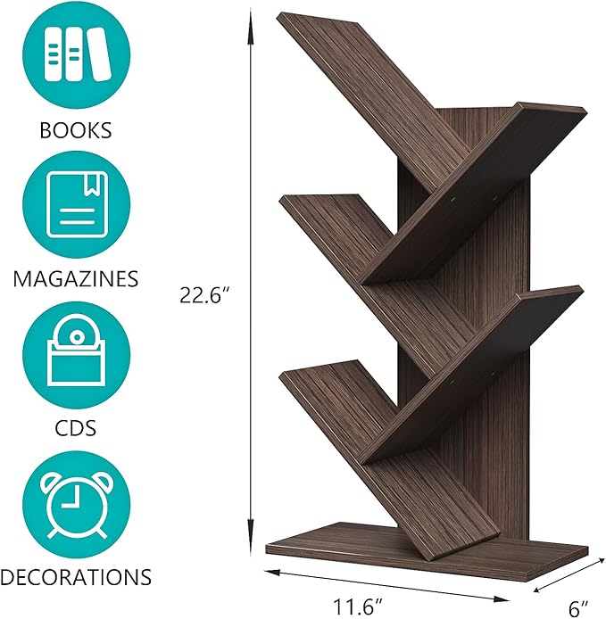 5 Tier Small Tree Bookshelf Desk Book Organizer Narrow Bookcases for Books Magazines CDs Free Standing Retro Wooden Storage Shelves for Home Office Bedroom Living Room Dark Walnut - LeafyLoom