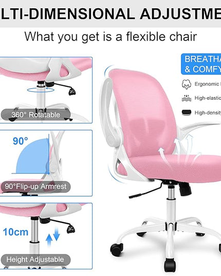 Primy Office Chair Ergonomic Desk Chair with Adjustable Lumbar Support and Height, Swivel Breathable Desk Mesh Computer Chair with Flip up Armrests for Conference Room (Pink) - LeafyLoom