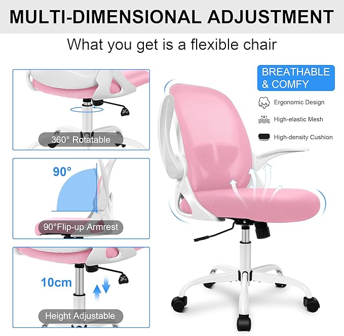 Primy Office Chair Ergonomic Desk Chair with Adjustable Lumbar Support and Height, Swivel Breathable Desk Mesh Computer Chair with Flip up Armrests for Conference Room (Pink) - LeafyLoom