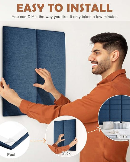 Upholstered Wall Mounted Headboard, 3D Soundproof Wall Panels Peel and Stick Headboard for King Size, Reusable and Removable Tufted Bed Headboard in Navy Blue(12 Panels, 10" x 24") - LeafyLoom