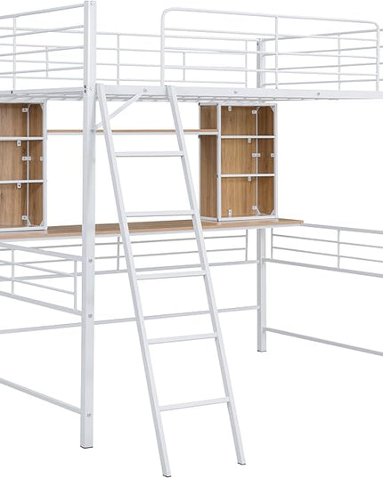 RITSU Full Size Loft Bed with Desk and Storage Shelves, Metal BedFrame,w/Ladder & Fenced Around Guardrails, Easy Assembly, for Adults, Kids, Teens, White - LeafyLoom