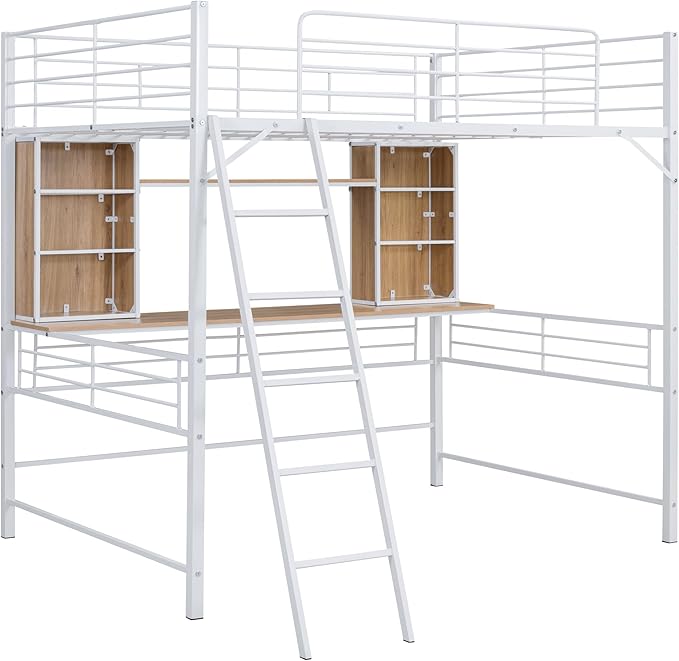 RITSU Full Size Loft Bed with Desk and Storage Shelves, Metal BedFrame,w/Ladder & Fenced Around Guardrails, Easy Assembly, for Adults, Kids, Teens, White - LeafyLoom
