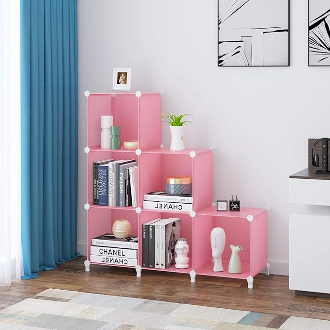 HOMIDEC 6-Cube Storage Shelf, Storage Bookcase Bookshelf with Metal Hammer, Storage Cubes Organizer Cabinet for Kids, Closet, Bedroom, Bathroom, (11.8x11.8x11.8 inch), Light Pink - LeafyLoom