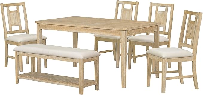 6-Piece Retro Dining Set with 4 upholstered Chairs, Counter Kitchen Suit W/Minimalist Wooden Table and 1 Shelf Bench, for Family Use, Easy to Install, Natural+Beige-1 - LeafyLoom