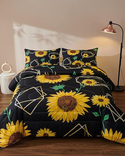 Sunflower Comforter Sets,Seamless Pattern with Golden Polygonal Shapes and Sunflowers in Watercolor Style,Decorative Bedding Comforter Sets with 2 Pillow Shams, Twin Size - LeafyLoom
