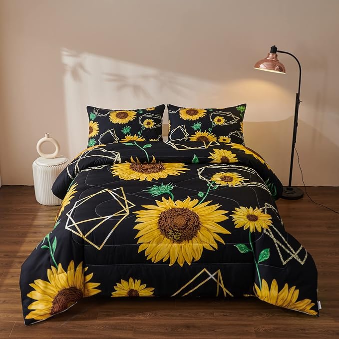 Sunflower Comforter Sets,Seamless Pattern with Golden Polygonal Shapes and Sunflowers in Watercolor Style,Decorative Bedding Comforter Sets with 2 Pillow Shams, Twin Size - LeafyLoom
