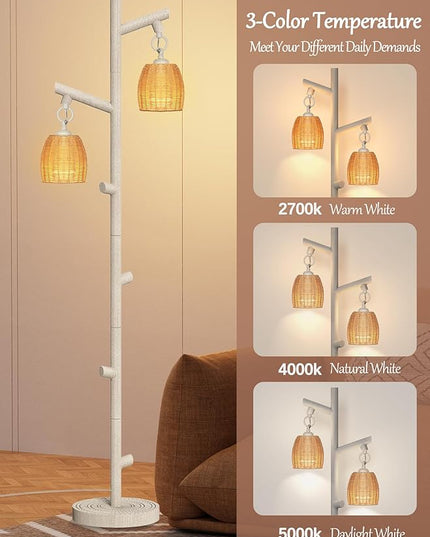 WIHTU 2 Light Tall Floor Lamps for Living Room Bright Lighting, Vintage Standing Lamp for Bedroom, White LED Pole Lamp floor with Wood Bamboo Woven Shades, Tree Corner Light for Home Decor - LeafyLoom