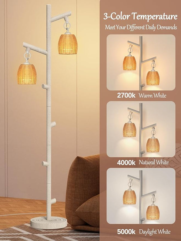 WIHTU 2 Light Tall Floor Lamps for Living Room Bright Lighting, Vintage Standing Lamp for Bedroom, White LED Pole Lamp floor with Wood Bamboo Woven Shades, Tree Corner Light for Home Decor - LeafyLoom
