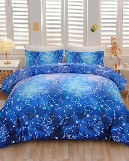 Holawakaka Tie Dye Constellation Print Ombre Comforter Set Twin Size Girls Boys Gradient Galaxy Bedding Set (Cyan,Twin) - LeafyLoom